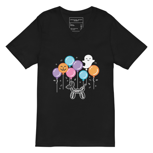 Halloween 2024 V-Neck T-Shirt – Skeleton Balloon Dog Design