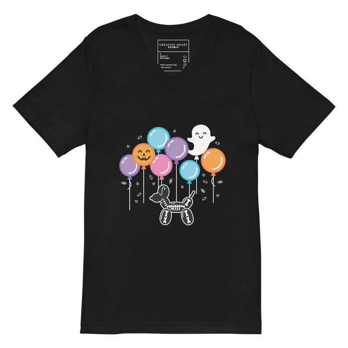 Halloween 2024 V-Neck T-Shirt – Skeleton Balloon Dog Design