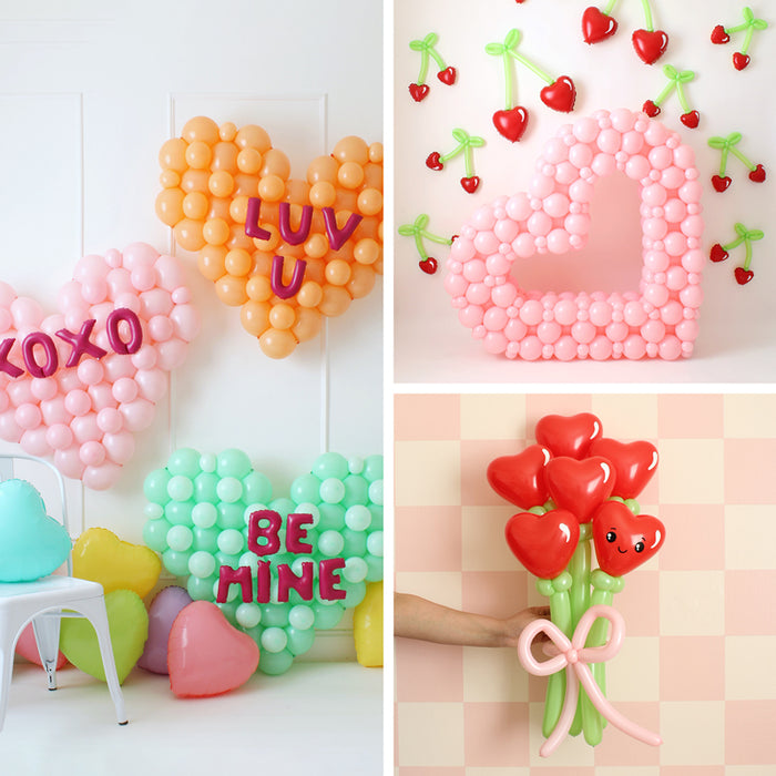 Collage of Valentine’s balloon decor designs from a Valentine’s Balloon Class, featuring heart-shaped balloon mosaics with messages like XOXO, LUV U, and BE MINE, a pink balloon heart backdrop with cherry accents, and a bouquet of heart-shaped balloon flowers. These romantic balloon designs are ideal for Valentine’s Day parties, love-themed events, and DIY balloon decor inspiration.
