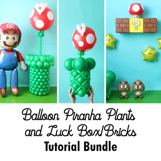 Super Mario-inspired balloon Piranha Plants, Luck Box, stars, and Goombas for party decor.