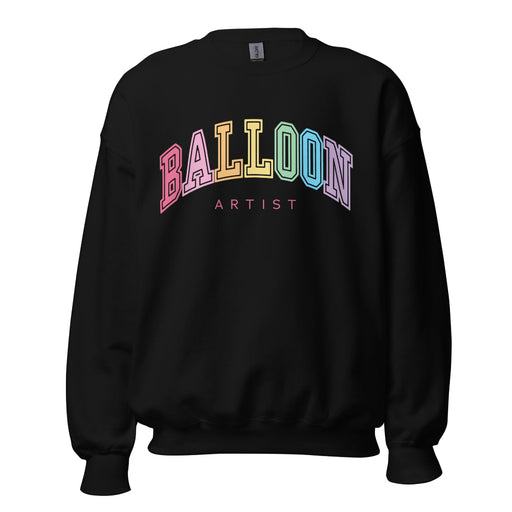 Black sweatshirt featuring bold rainbow block letters spelling “Balloon Artist.” Perfect for balloon decorators, event stylists, and creative entrepreneurs, this cozy sweatshirt celebrates the artistry of balloon design. A fun, colorful apparel piece for balloon artists to wear while creating, teaching, or showcasing their craft at parties, events, or workshops.