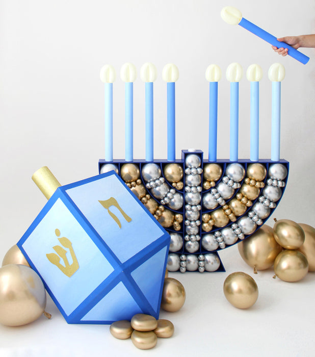 Oversized DIY Dreidel Made of chipboard with a Menorah Balloon Mosaic Digital Design Template - Hanukkah Party Decorations