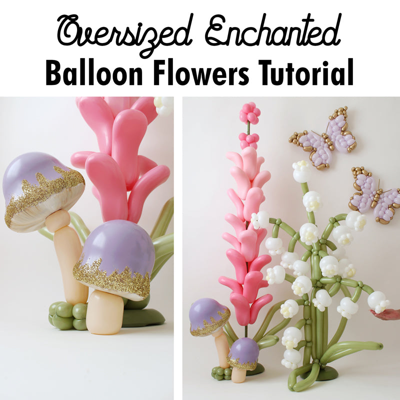 Balloon mushrooms, lilies of the valley, and lavender florals with butterflies for whimsical decor.