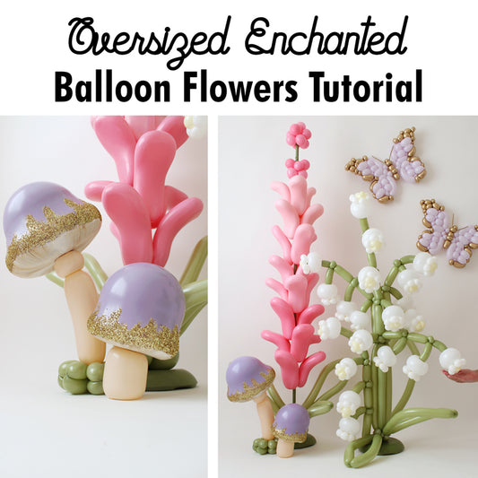 Balloon mushrooms, lilies of the valley, and lavender florals with butterflies for whimsical decor.