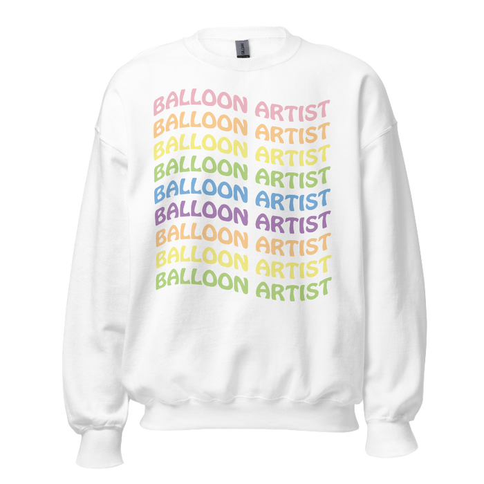 White Sweatshirt with the words Balloon Artist repeated in rainbow pastel colors.