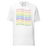 White t-shirt with the words Balloon Artist repeated in pastel rainbow colors