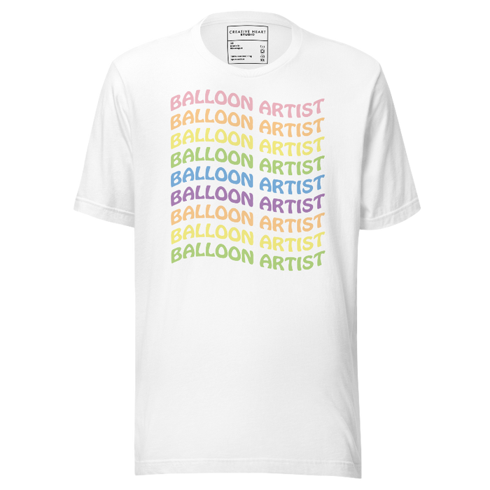 White t-shirt with the words Balloon Artist repeated in pastel rainbow colors